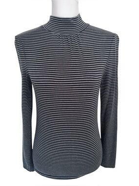 VTG Betty Blue Medium Striped Mock Neck Keyhole Back Gray Long‎ Sleeve Top